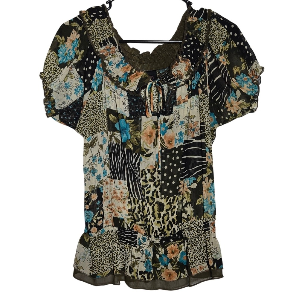 Anxiety Patchwork Top Large Smocked Y2K Boho Fairy Grunge Whimsigoth McBling